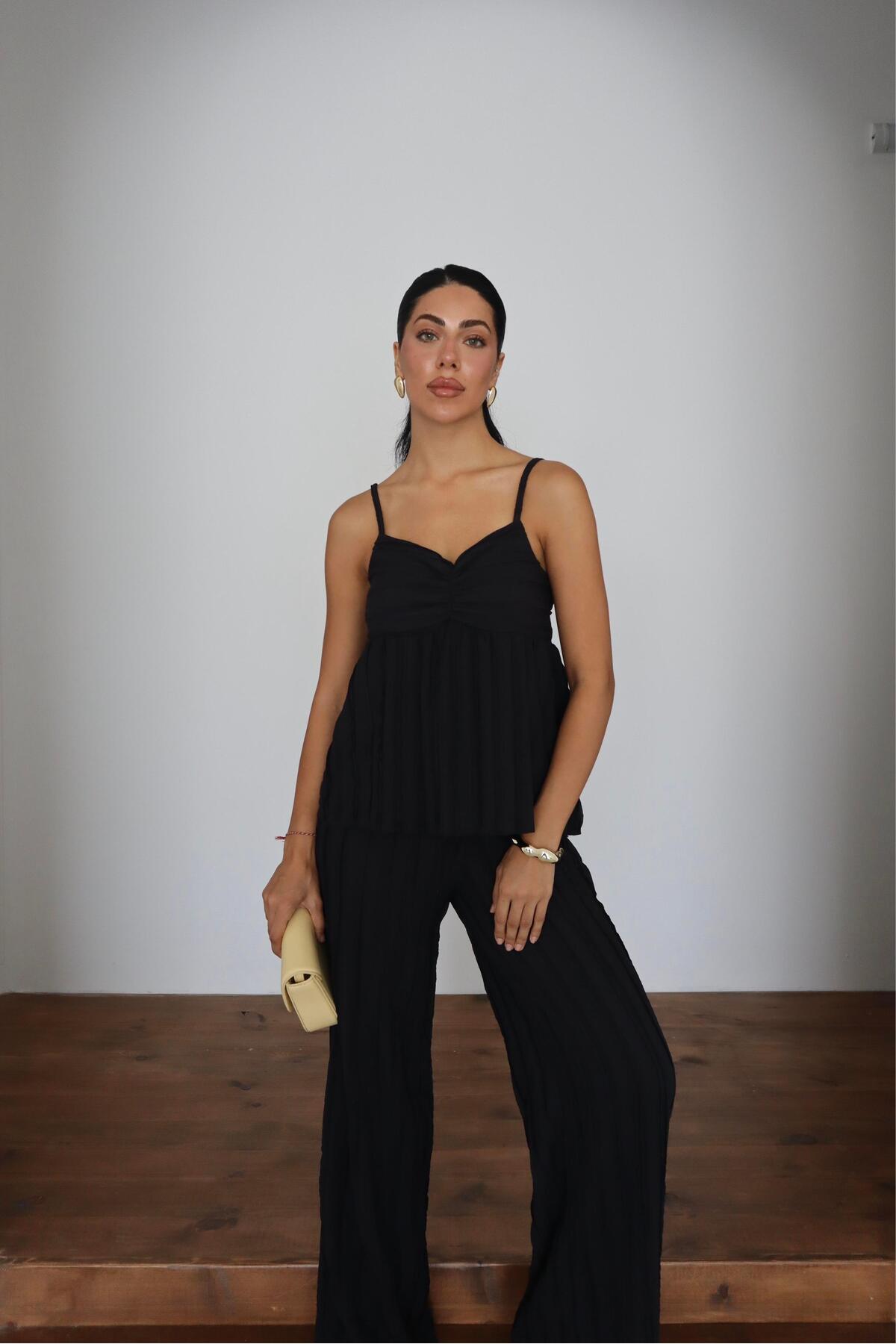 Fitil Desenli Askılı Bluz & Pantolon İkili Takım