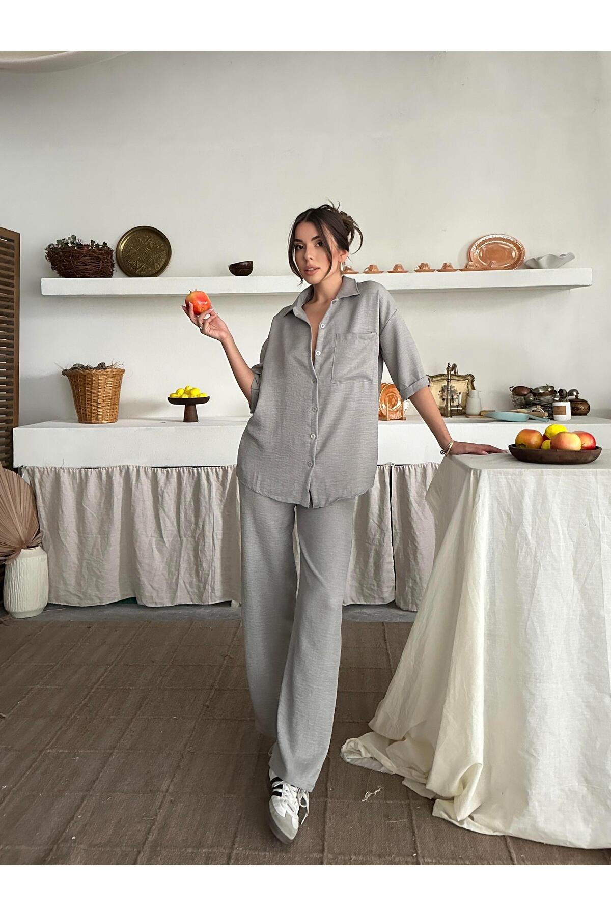 Gri Keten Dokulu Oversize Gömlek ve Palazzo Pantolon Takım