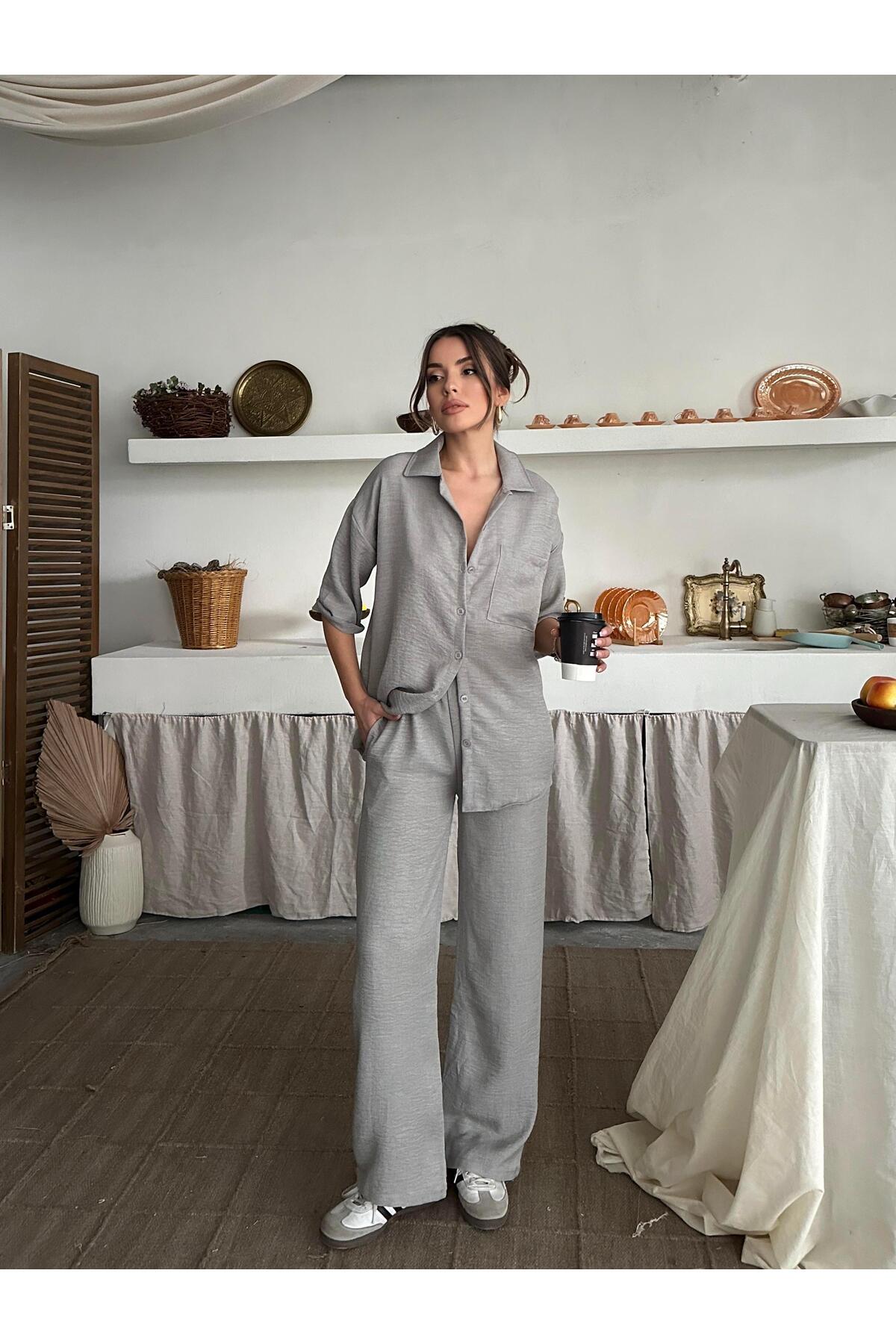 Gri Keten Dokulu Oversize Gömlek ve Palazzo Pantolon Takım