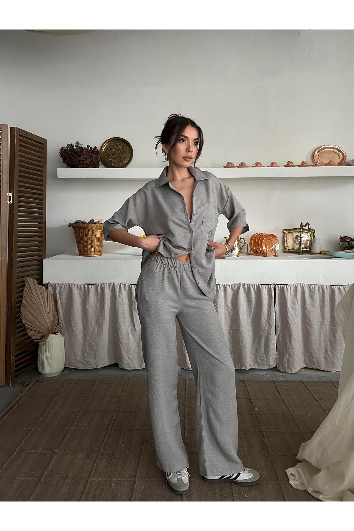 Gri Keten Dokulu Oversize Gömlek ve Palazzo Pantolon Takım