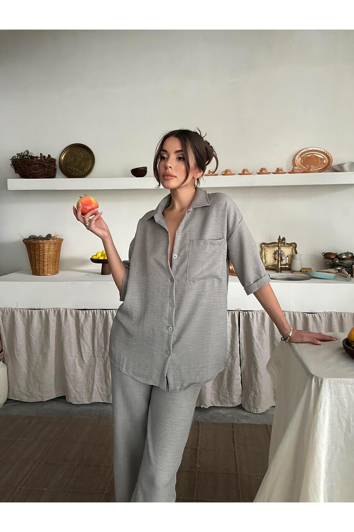 Gri Keten Dokulu Oversize Gömlek ve Palazzo Pantolon Takım