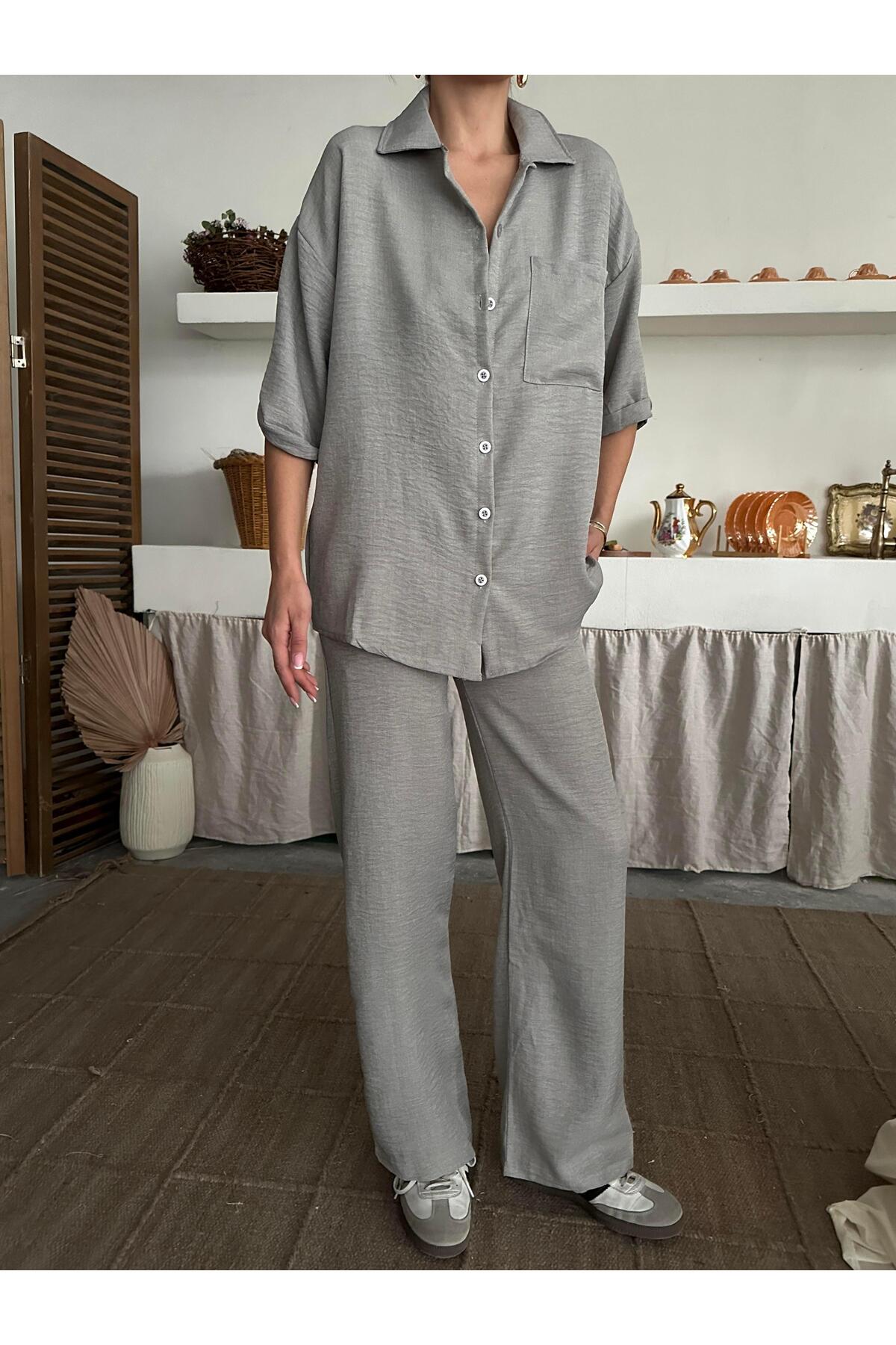 Gri Keten Dokulu Oversize Gömlek ve Palazzo Pantolon Takım