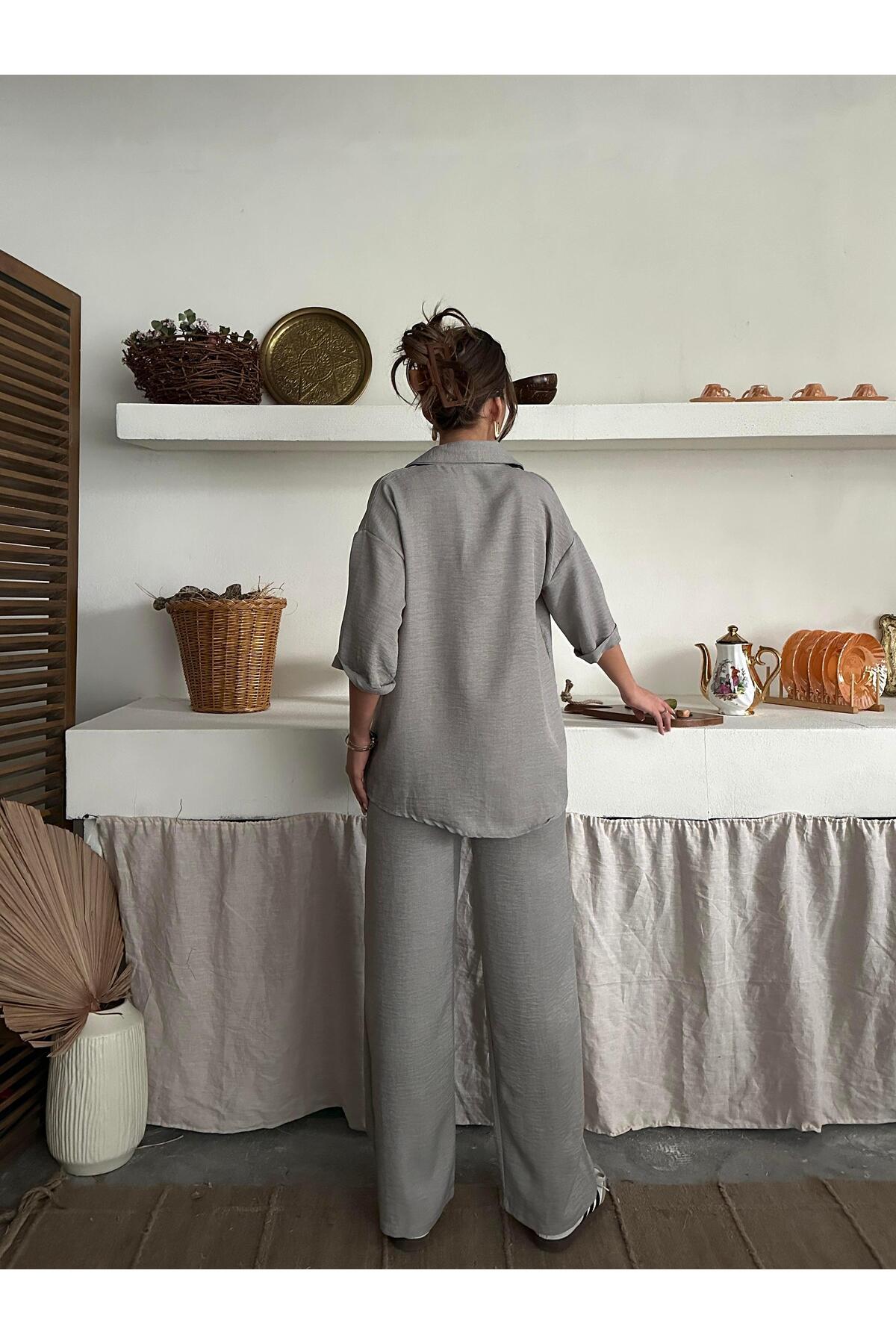 Gri Keten Dokulu Oversize Gömlek ve Palazzo Pantolon Takım