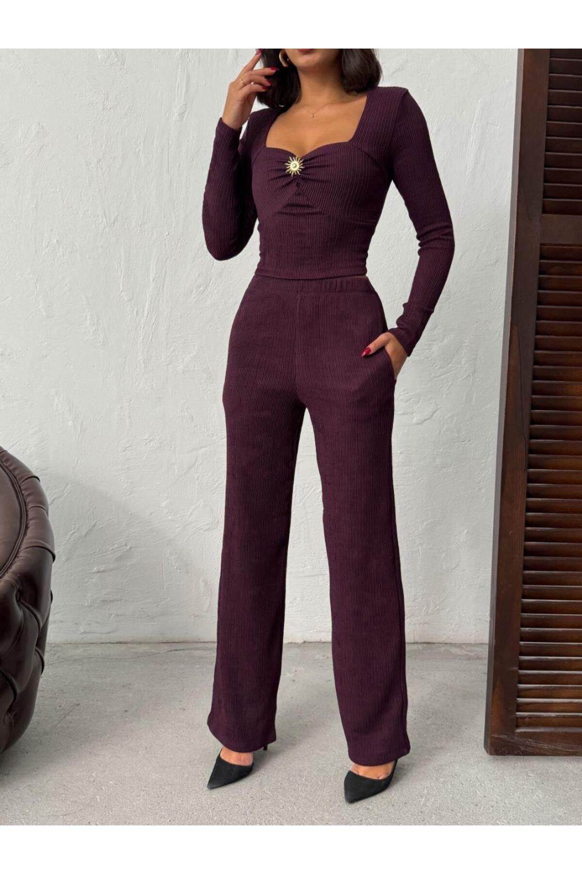 Güneş Broşlu Meloni Kumaş Kare Yaka Crop Alt-Üst Takım