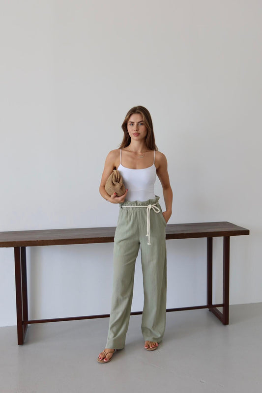 Haki Krinkıl Kumaş Bağcıklı Yazlık Pantolon