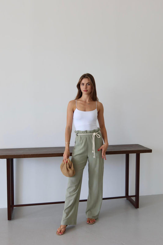 Haki Krinkıl Kumaş Bağcıklı Yazlık Pantolon