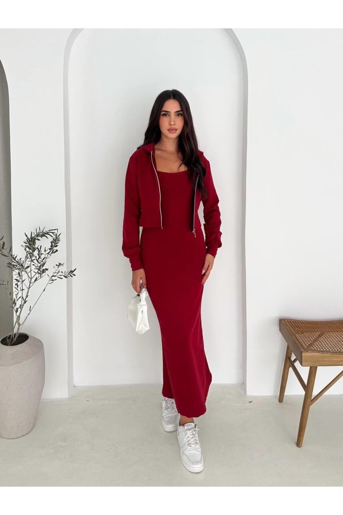 İki İplik Crop Sweat ve Uzun Elbise Takım