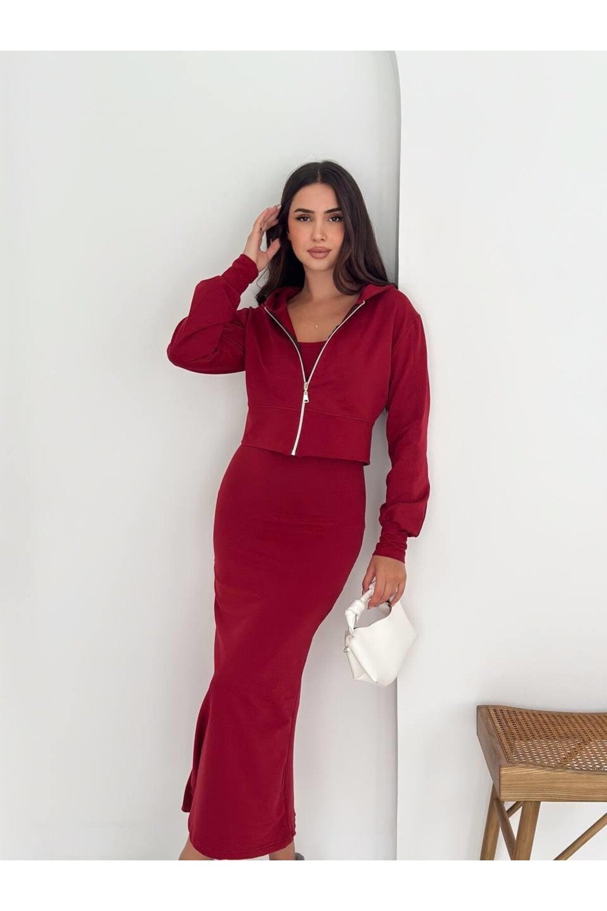 İki İplik Crop Sweat ve Uzun Elbise Takım