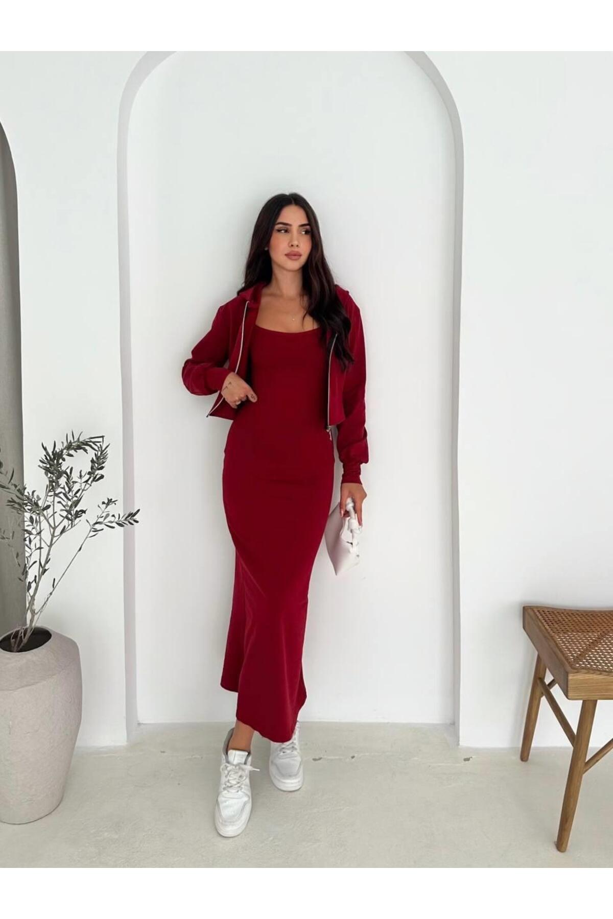 İki İplik Crop Sweat ve Uzun Elbise Takım