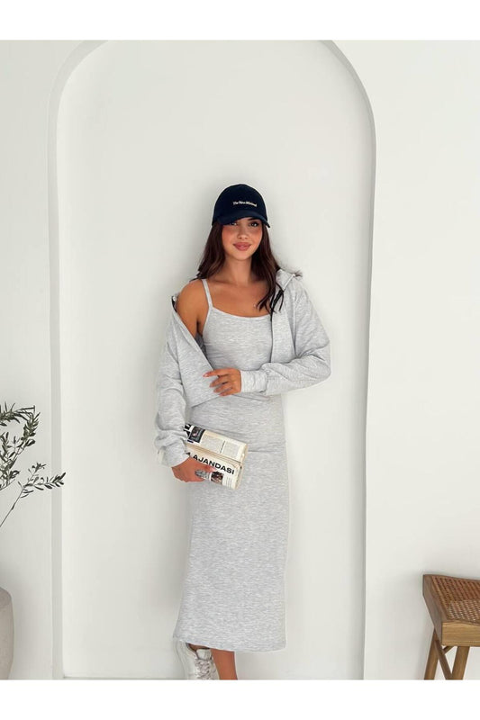 İki İplik Crop Sweat ve Uzun Elbise Takım