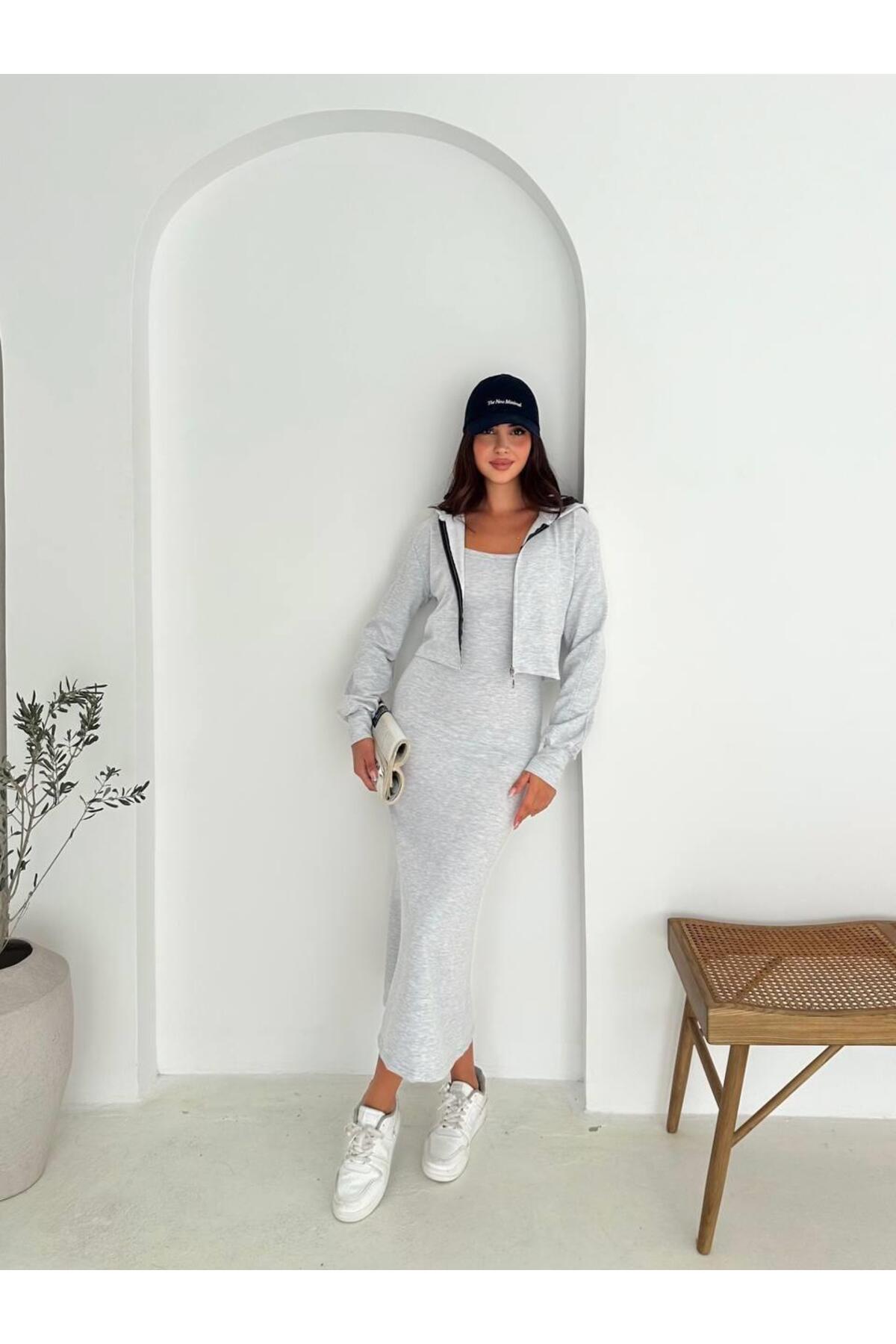 İki İplik Crop Sweat ve Uzun Elbise Takım