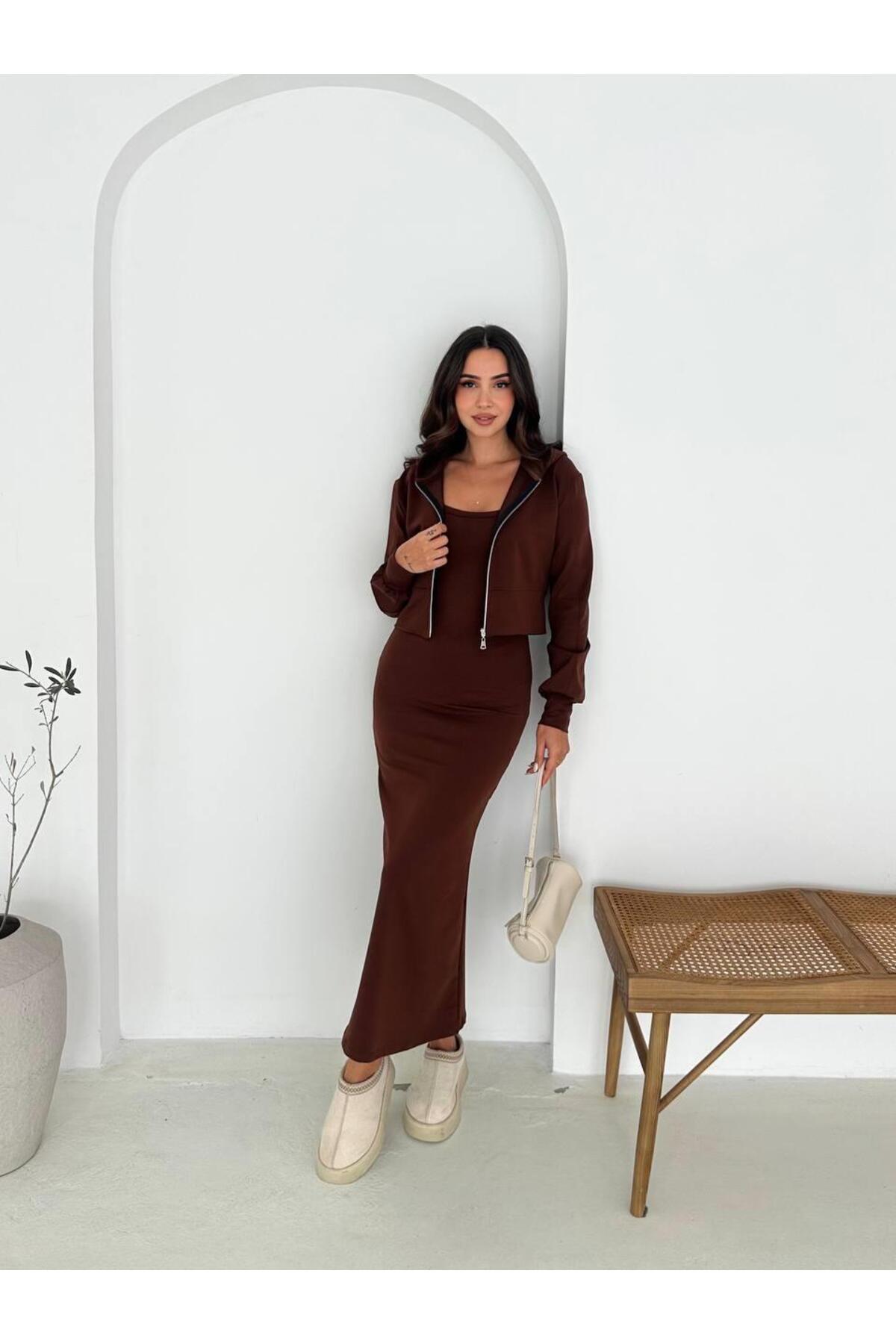 İki İplik Crop Sweat ve Uzun Elbise Takım