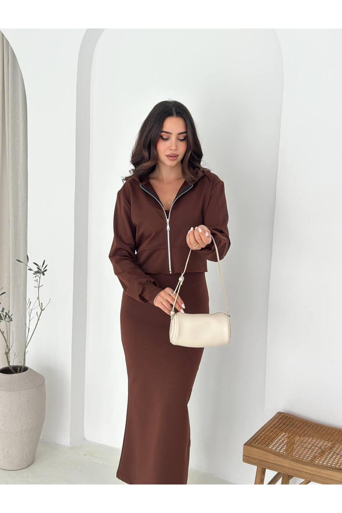 İki İplik Crop Sweat ve Uzun Elbise Takım