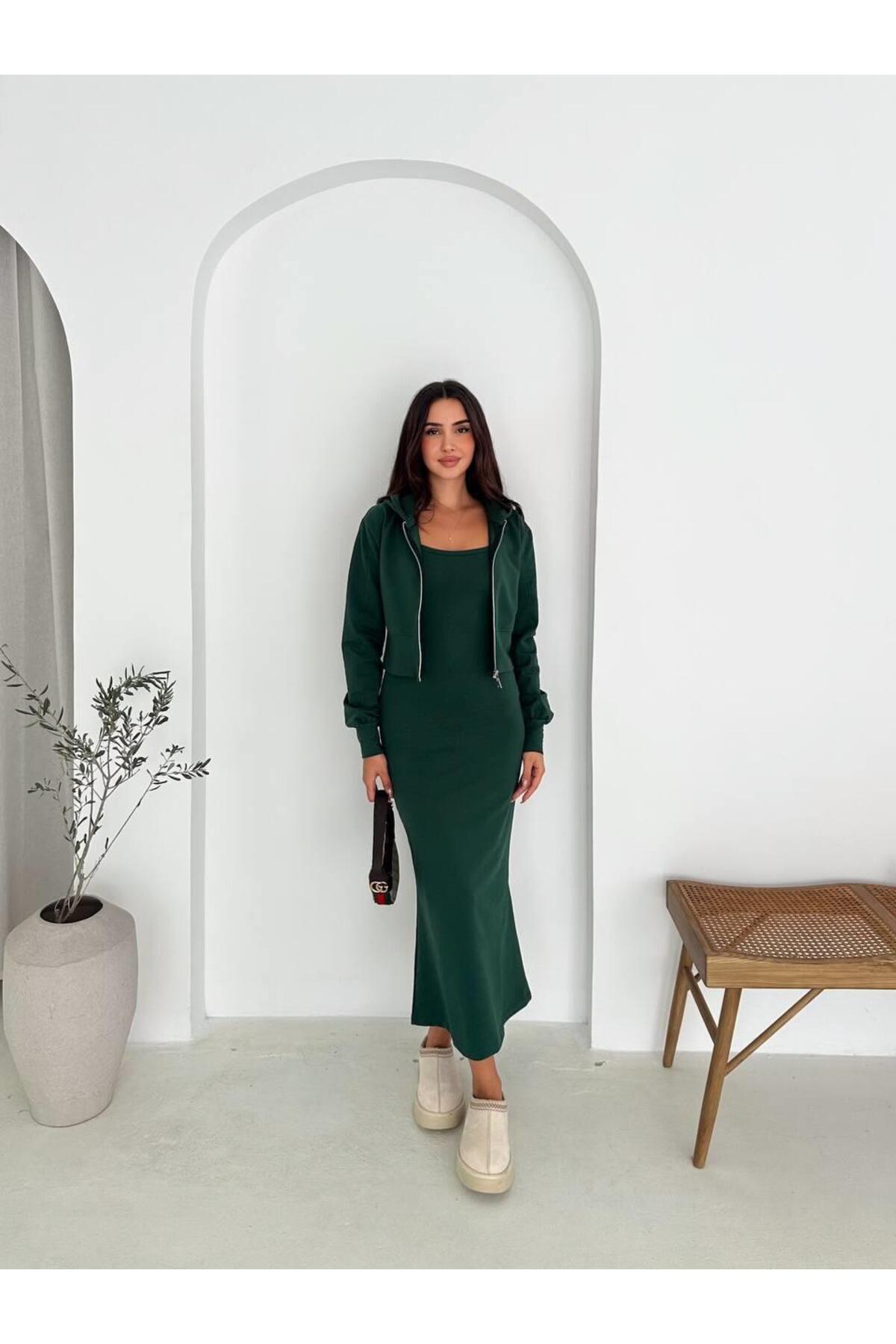 İki İplik Crop Sweat ve Uzun Elbise Takım
