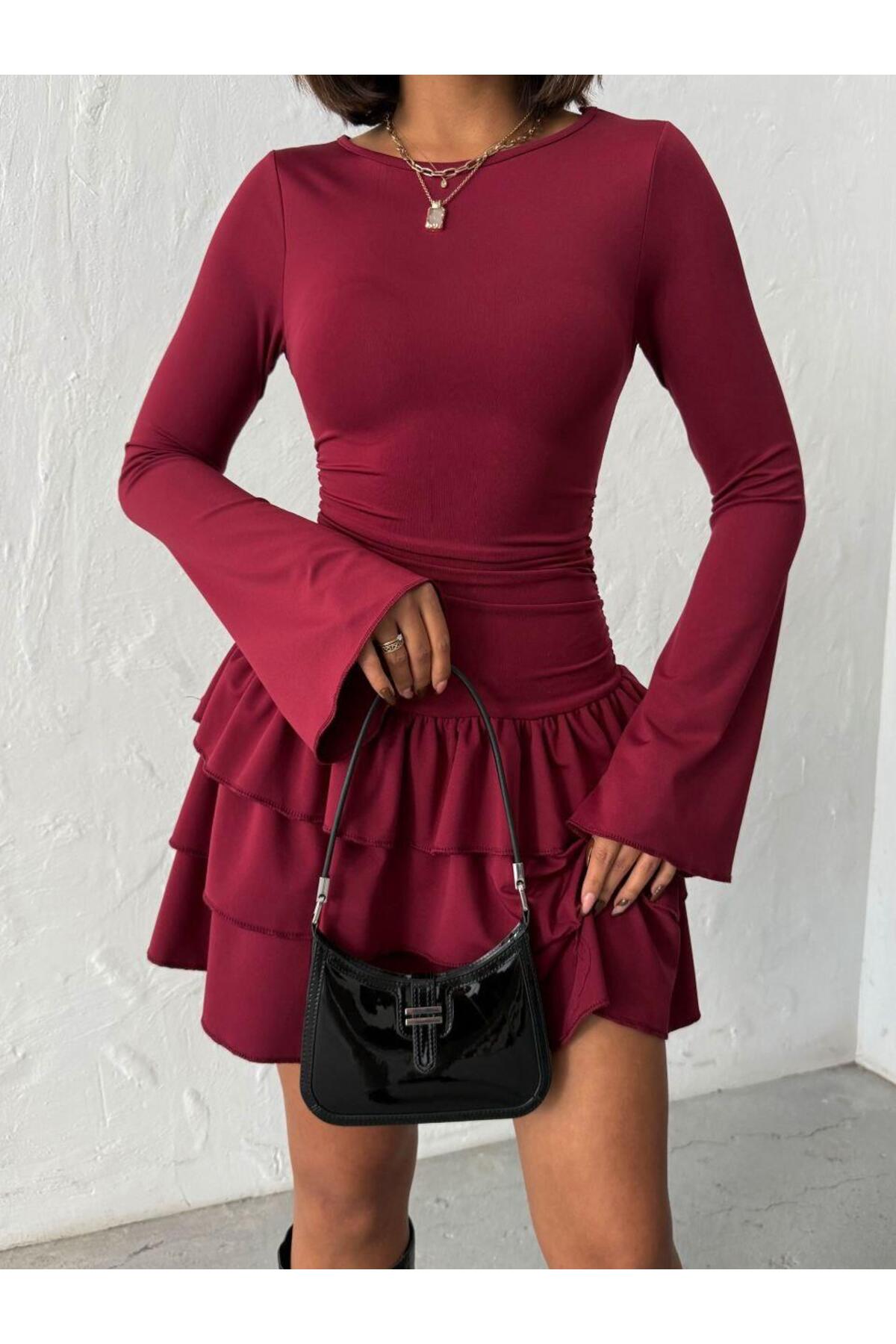İspanyol Kol Volanlı Mini Elbise