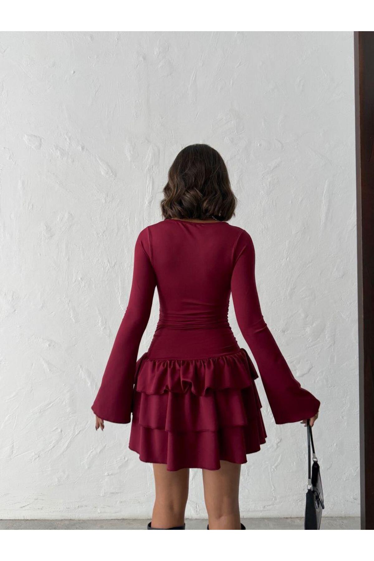 İspanyol Kol Volanlı Mini Elbise