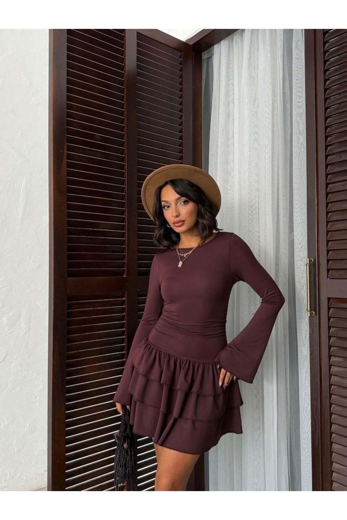 İspanyol Kol Volanlı Mini Elbise
