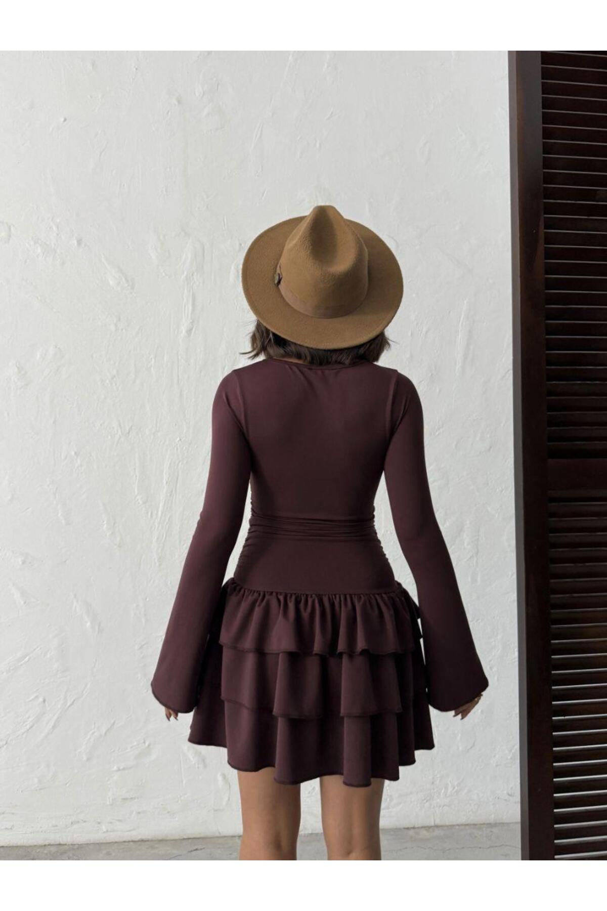 İspanyol Kol Volanlı Mini Elbise