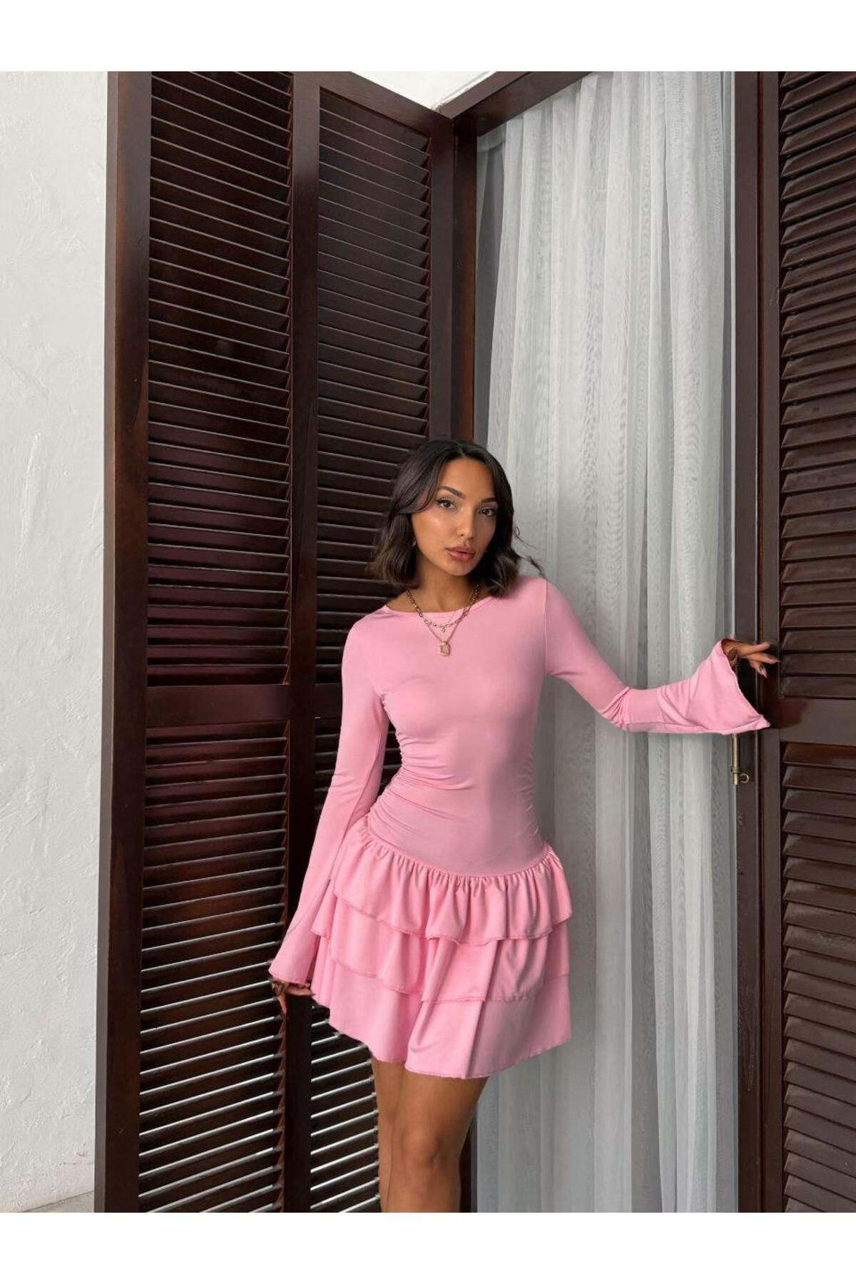 İspanyol Kol Volanlı Mini Elbise