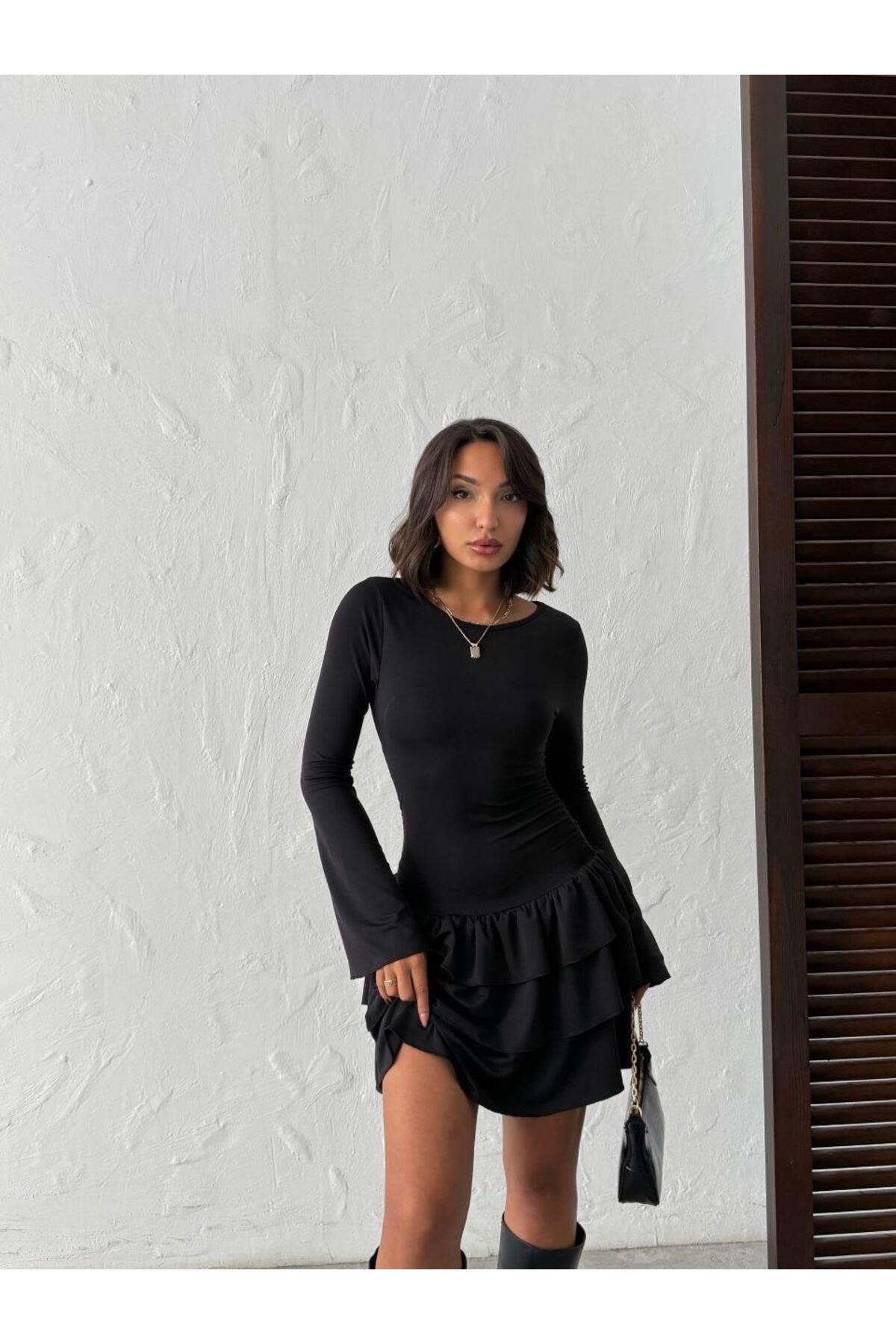 İspanyol Kol Volanlı Mini Elbise