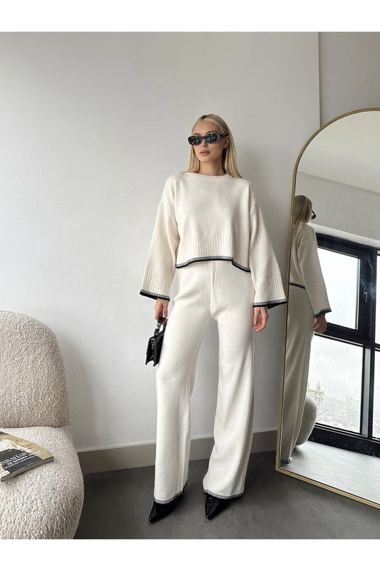 İspanyol Paça Çoban Dikişli Çizgili Triko Alt-Üst Takım