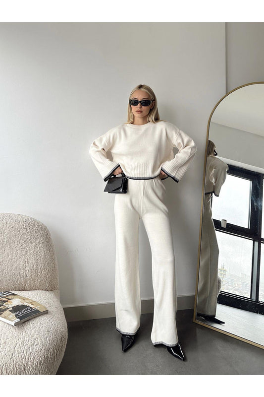 İspanyol Paça Çoban Dikişli Çizgili Triko Alt-Üst Takım