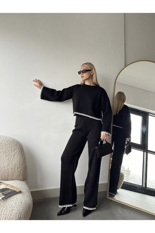 İspanyol Paça Çoban Dikişli Çizgili Triko Alt-Üst Takım