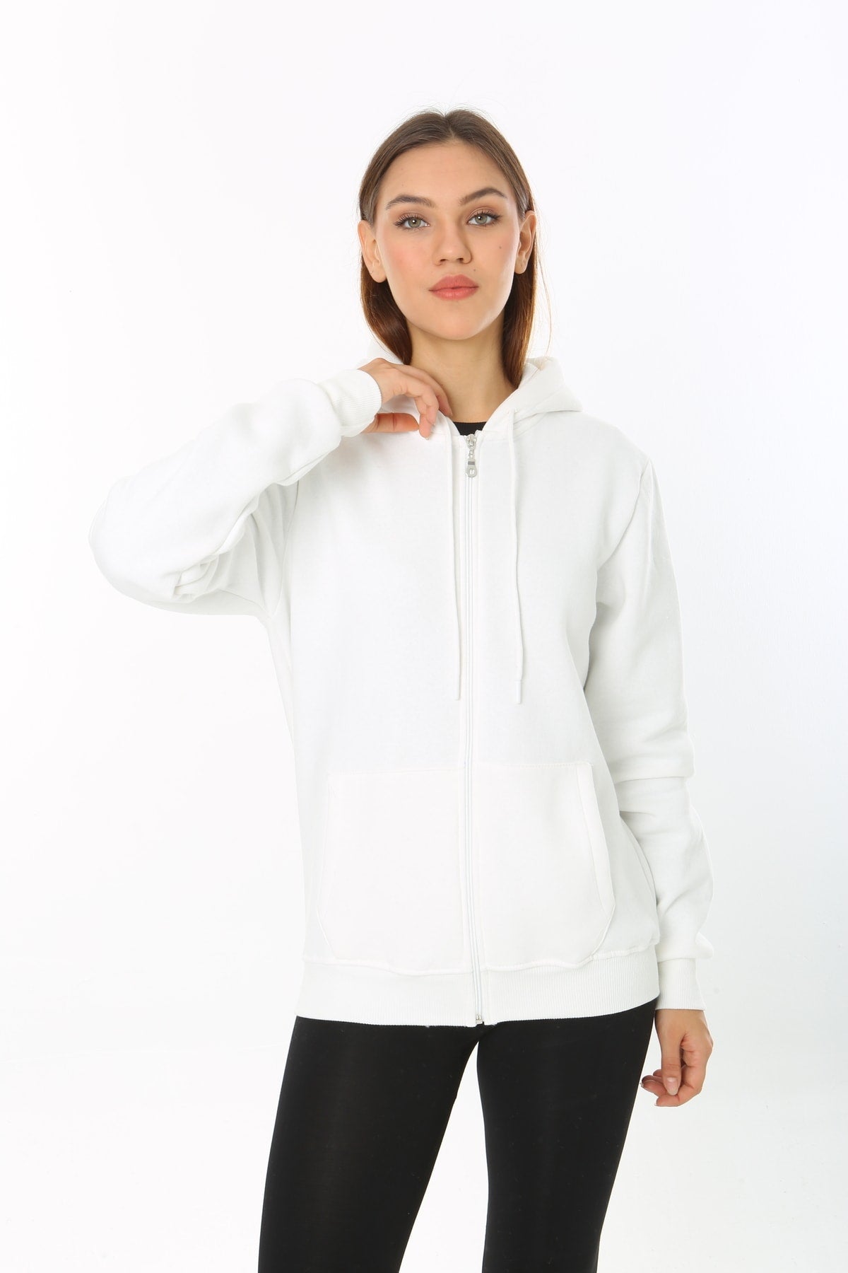 Kadın Beyaz Kapüşonlu Fermuarlı 3 Üç İplik Polar Sweatshirt