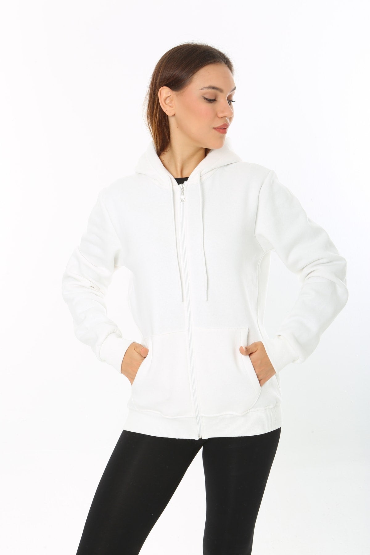 Kadın Beyaz Kapüşonlu Fermuarlı 3 Üç İplik Polar Sweatshirt