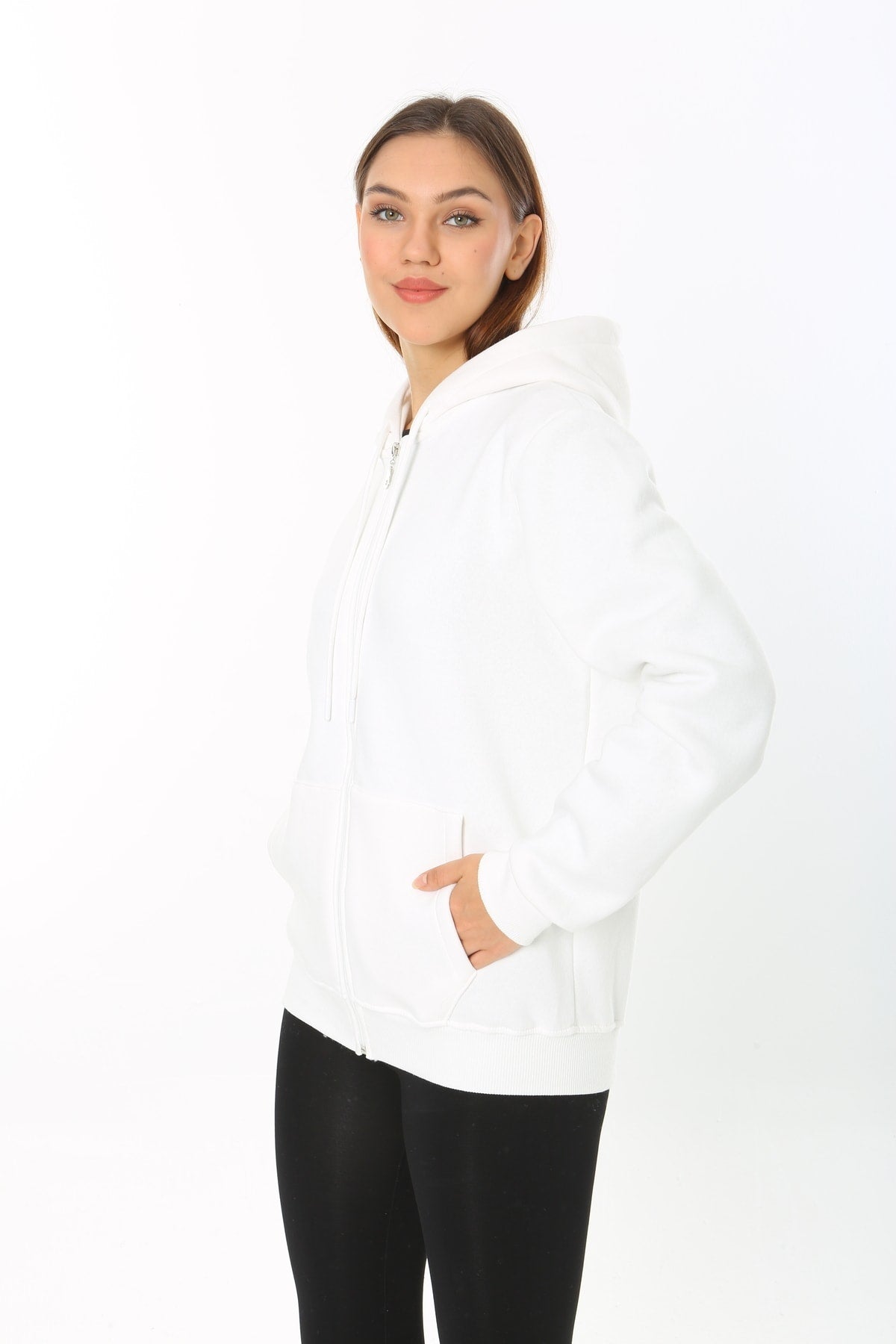 Kadın Beyaz Kapüşonlu Fermuarlı 3 Üç İplik Polar Sweatshirt