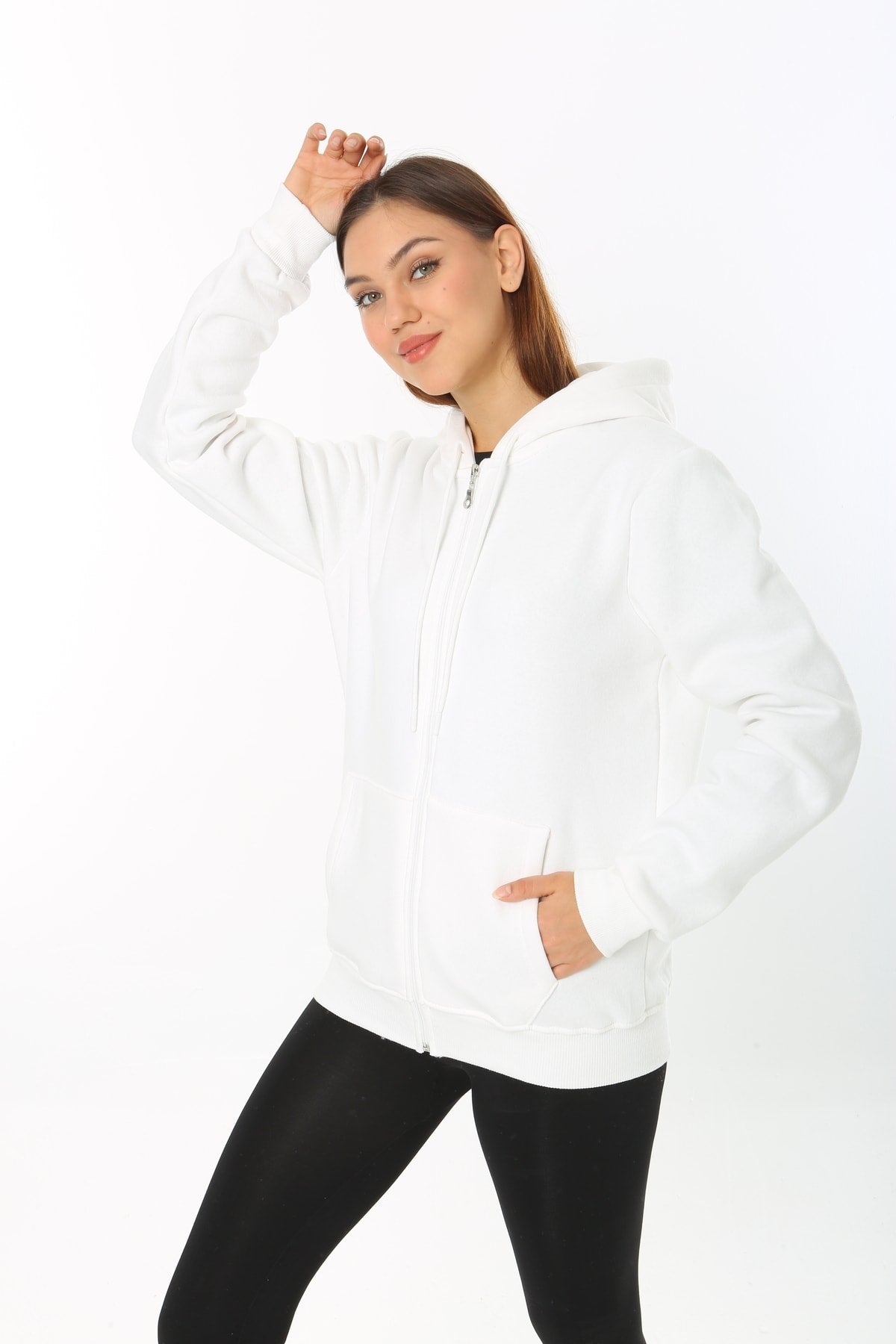Kadın Beyaz Kapüşonlu Fermuarlı 3 Üç İplik Polar Sweatshirt