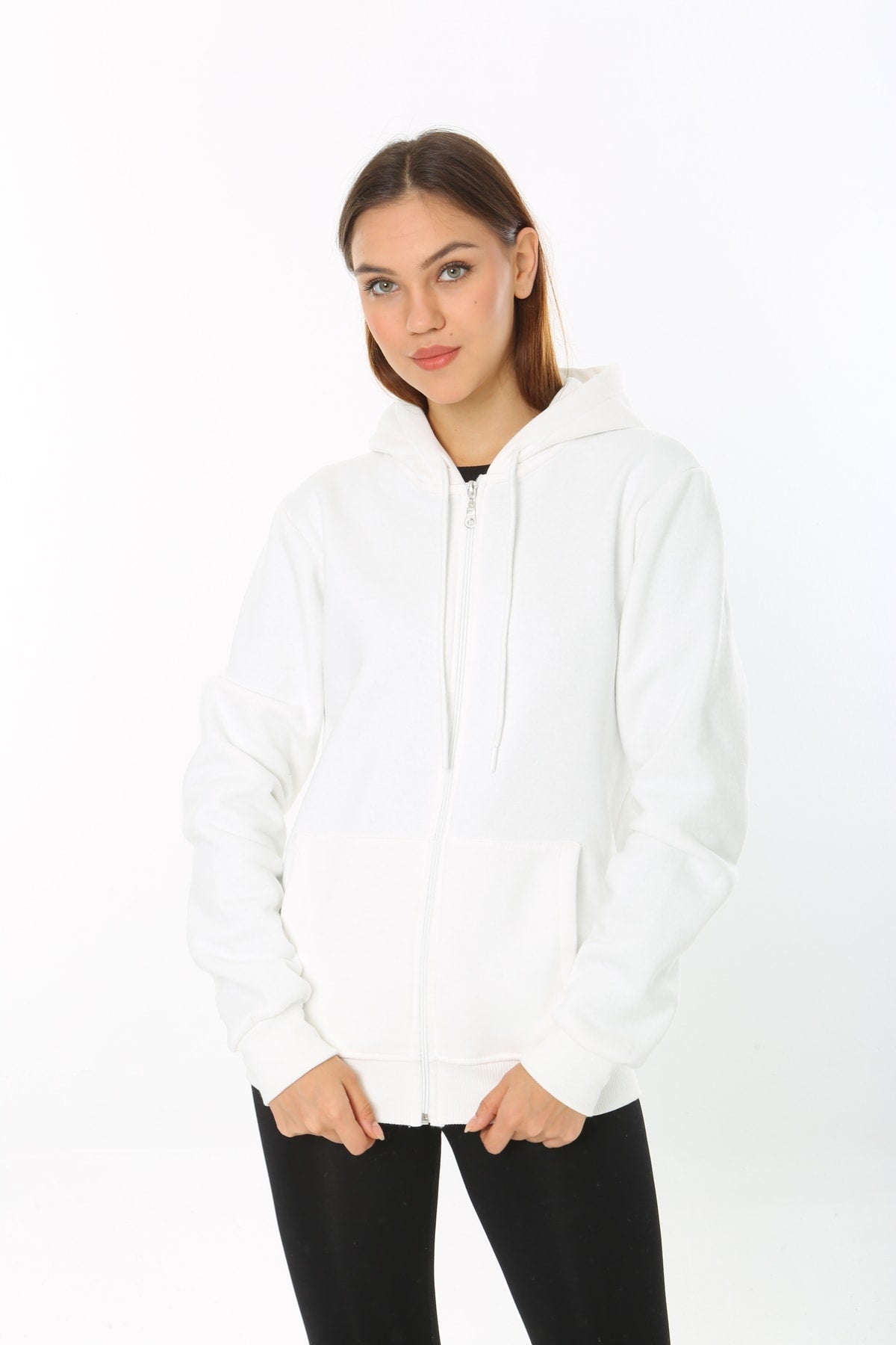 Kadın Beyaz Kapüşonlu Fermuarlı 3 Üç İplik Polar Sweatshirt