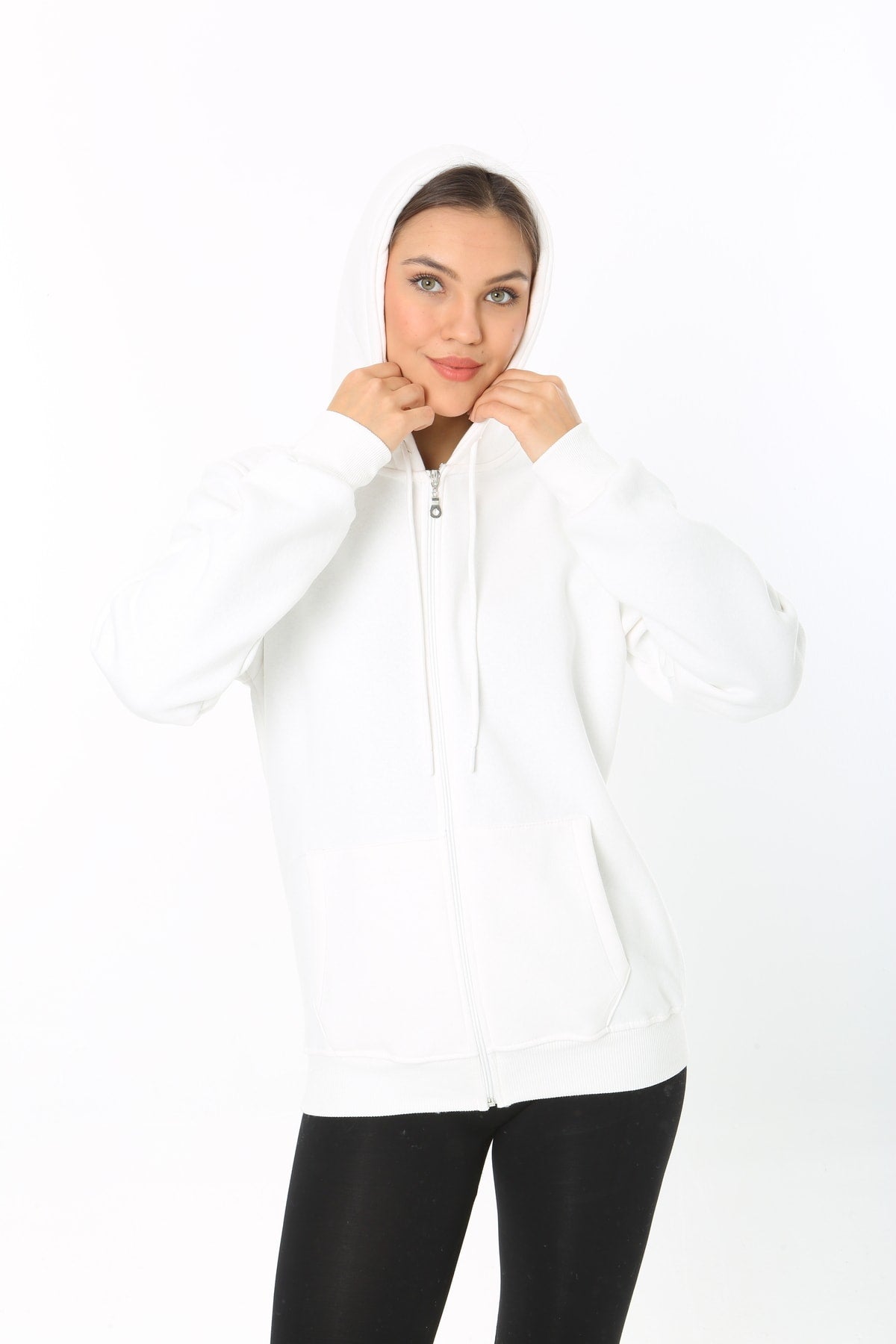 Kadın Beyaz Kapüşonlu Fermuarlı 3 Üç İplik Polar Sweatshirt