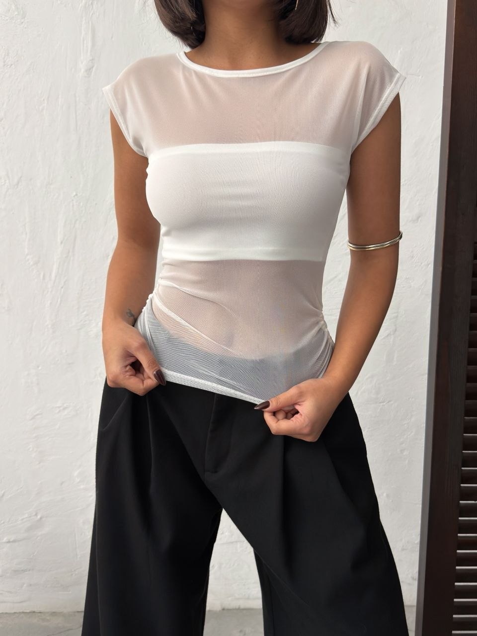 Kadın Beyaz Tek Omuz Tül Bluz Bolero İç Detaylı