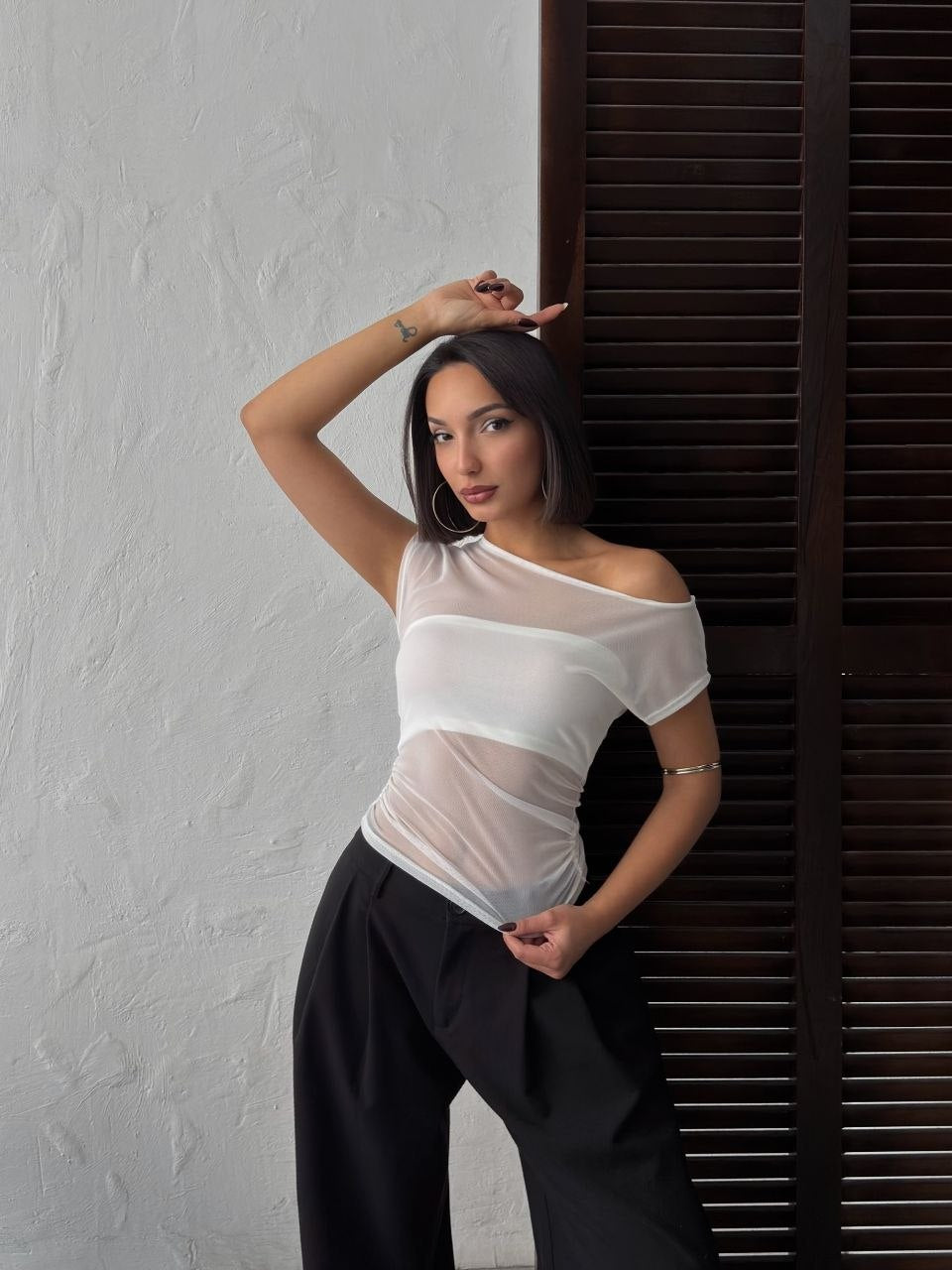 Kadın Beyaz Kayık Yaka Tül Bluz Bolero İç Detaylı