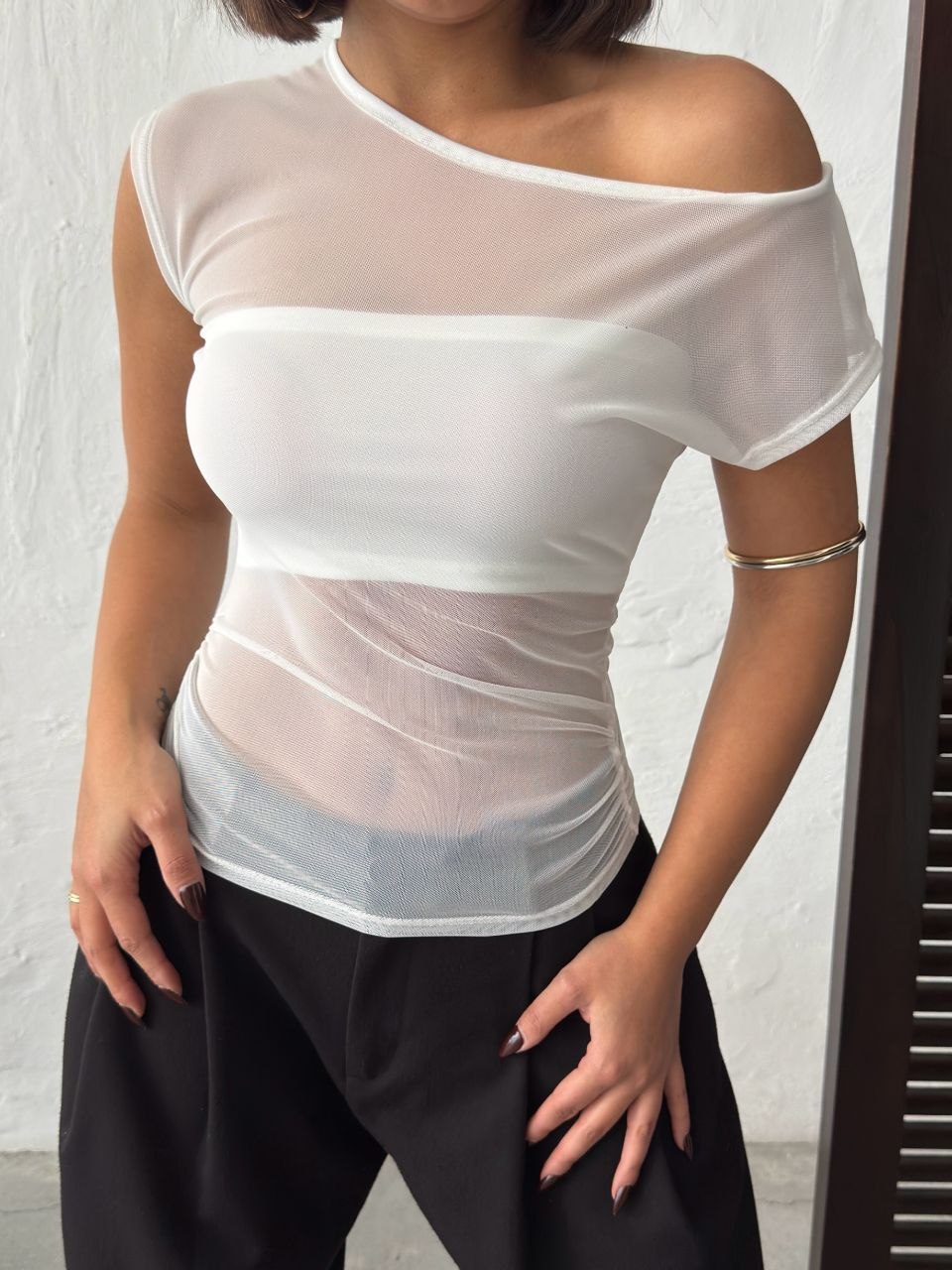 Kadın Beyaz Tek Omuz Tül Bluz Bolero İç Detaylı