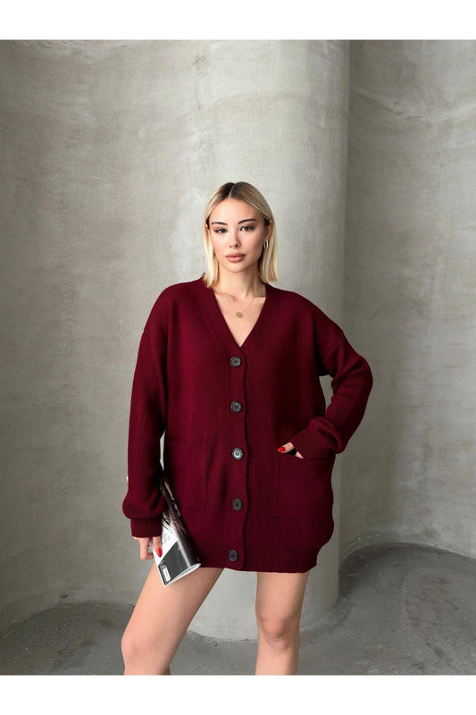 Kadın Bordo Oversize Triko Hırka