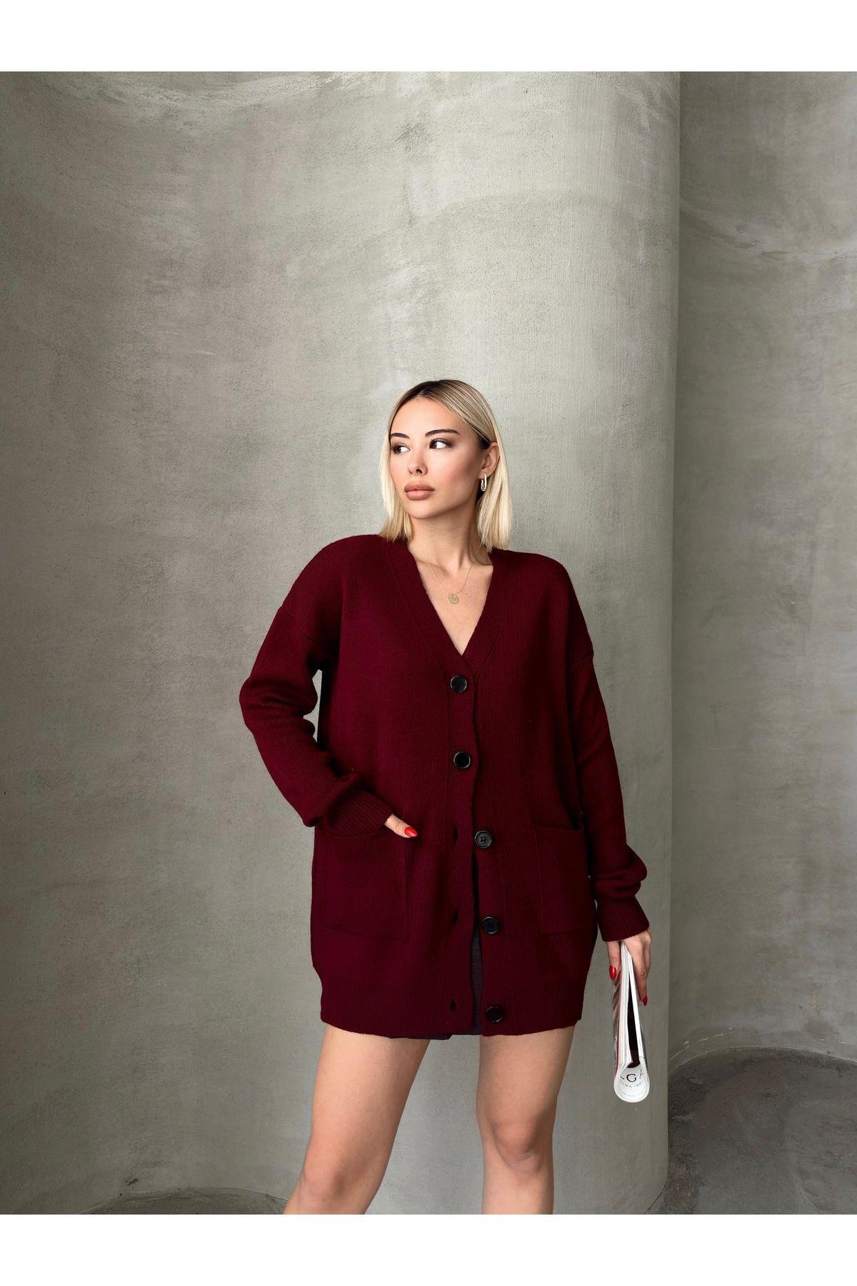 Kadın Bordo Oversize Triko Hırka