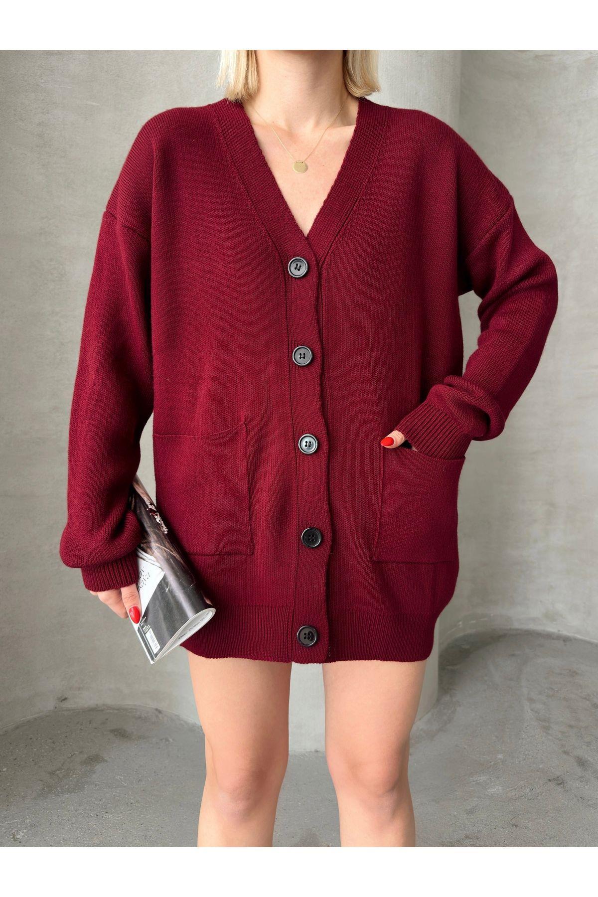 Kadın Bordo Oversize Triko Hırka