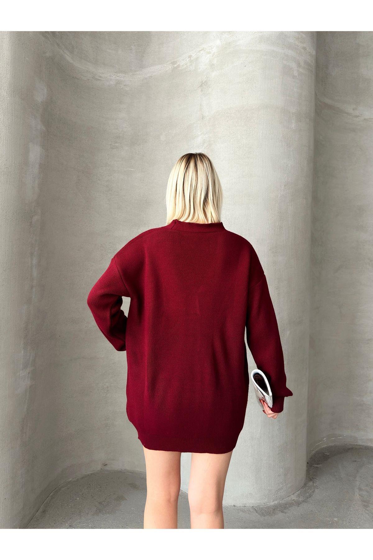 Kadın Bordo Oversize Triko Hırka