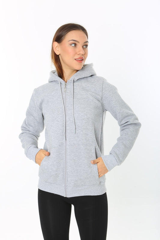 Kadin Gri Kapüşonlu Fermuarlı 3 Üç Iplik Polar Sweatshirt