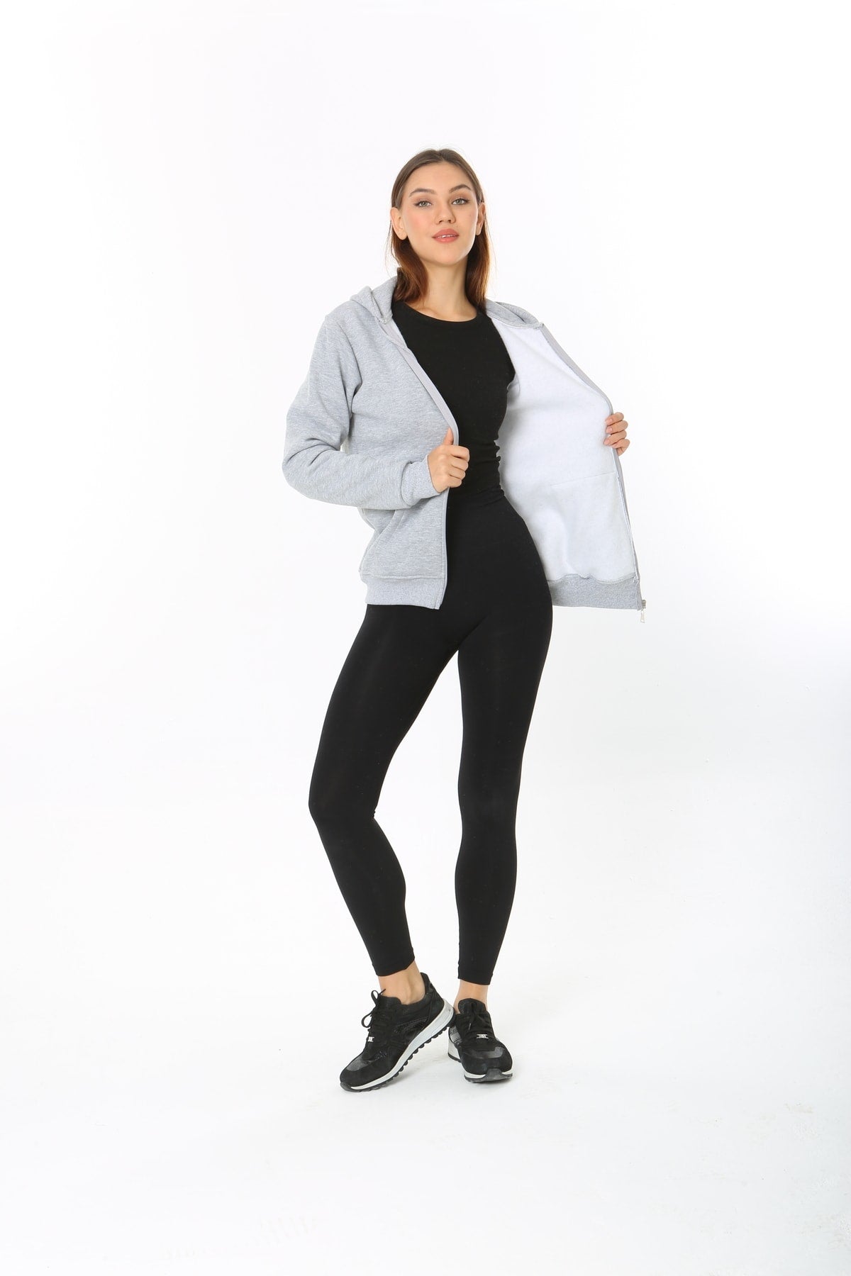 Kadin Gri Kapüşonlu Fermuarlı 3 Üç Iplik Polar Sweatshirt