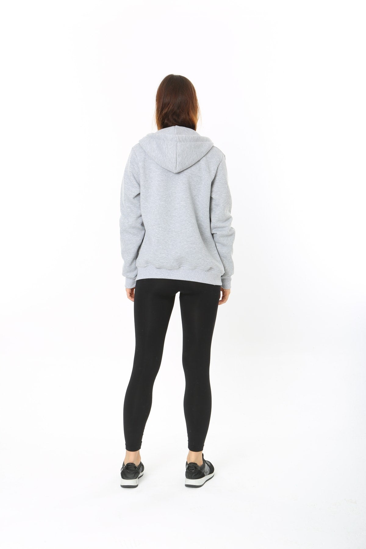 Kadin Gri Kapüşonlu Fermuarlı 3 Üç Iplik Polar Sweatshirt