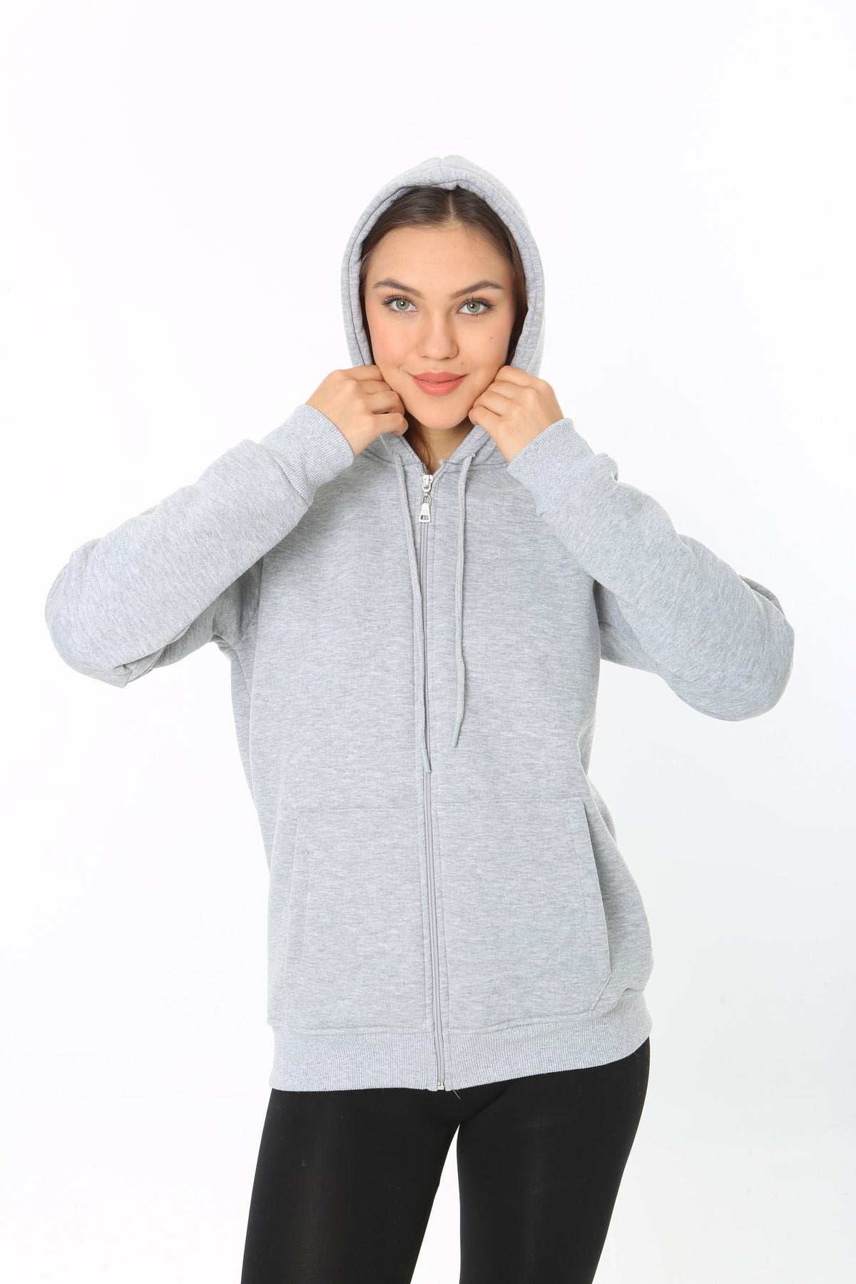 Kadin Gri Kapüşonlu Fermuarlı 3 Üç Iplik Polar Sweatshirt