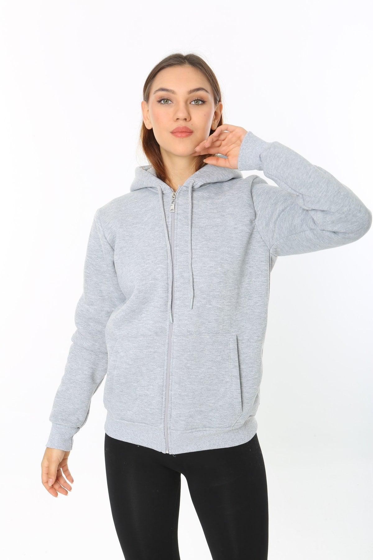 Kadin Gri Kapüşonlu Fermuarlı 3 Üç Iplik Polar Sweatshirt