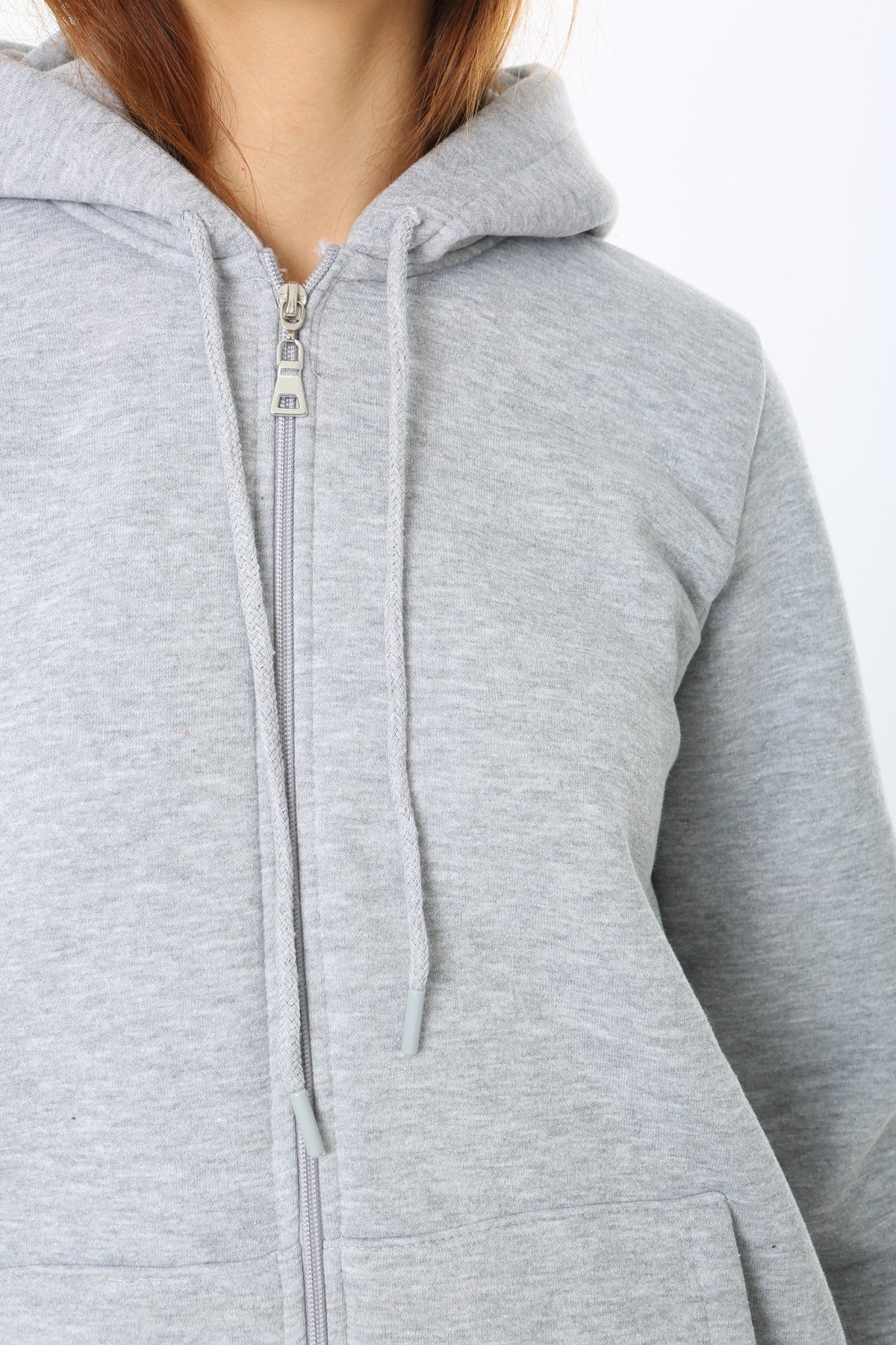 Kadin Gri Kapüşonlu Fermuarlı 3 Üç Iplik Polar Sweatshirt