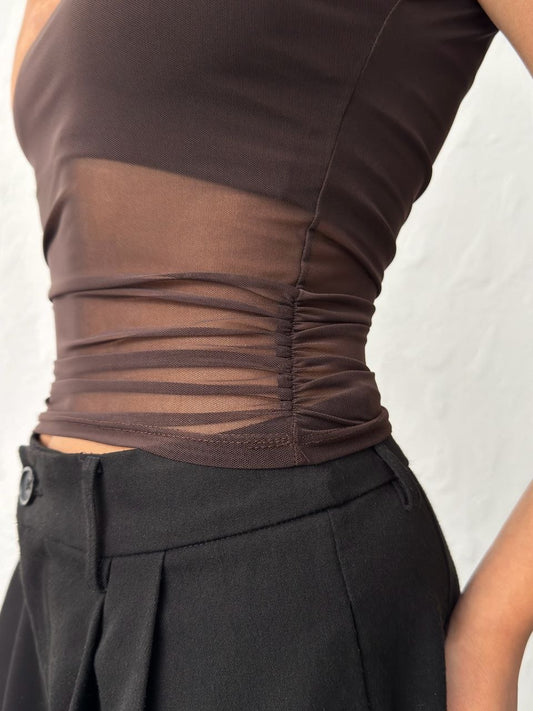 Kadın Kahverengi Kayık Yaka Tül Bluz Bolero İç Detaylı