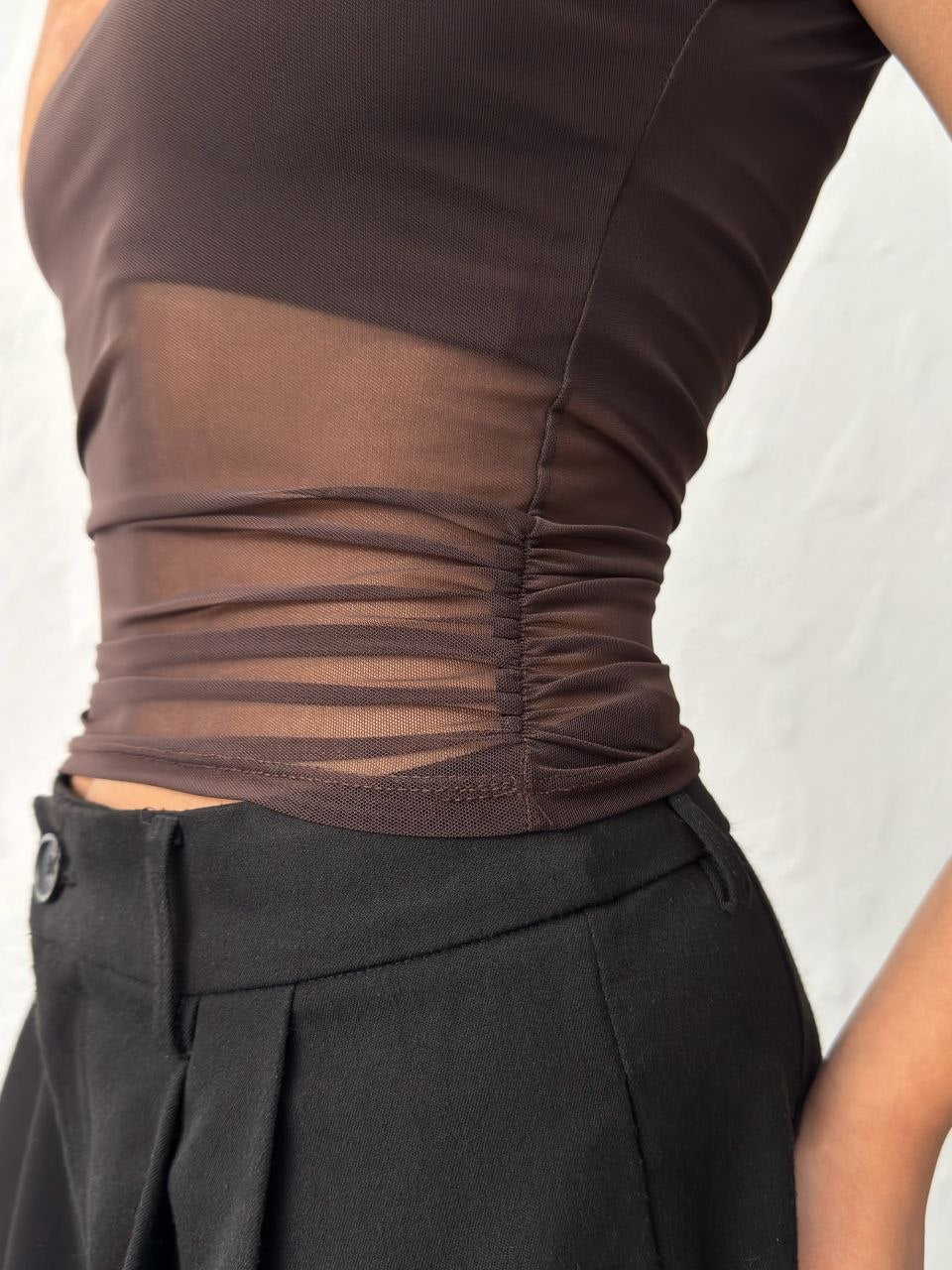Kadın Kahverengi Kayık Yaka Tül Bluz Bolero İç Detaylı