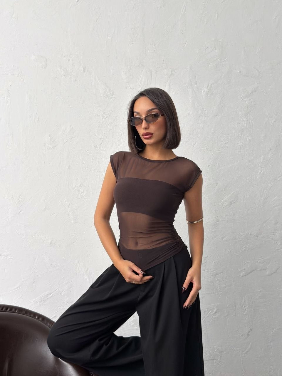 Kadın Kahverengi Kayık Yaka Tül Bluz Bolero İç Detaylı