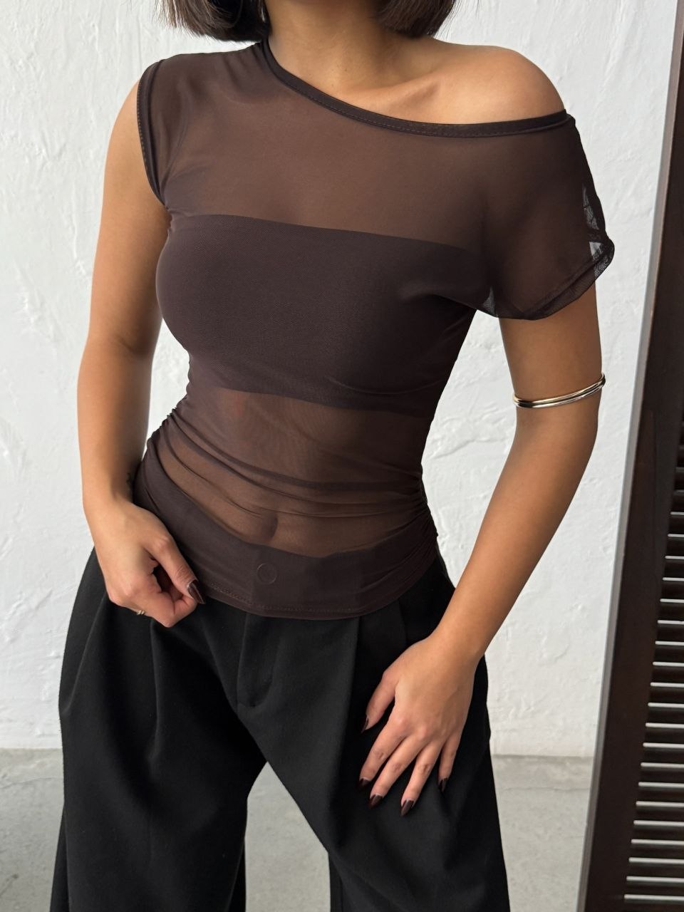 Kadın Kahverengi Kayık Yaka Tül Bluz Bolero İç Detaylı